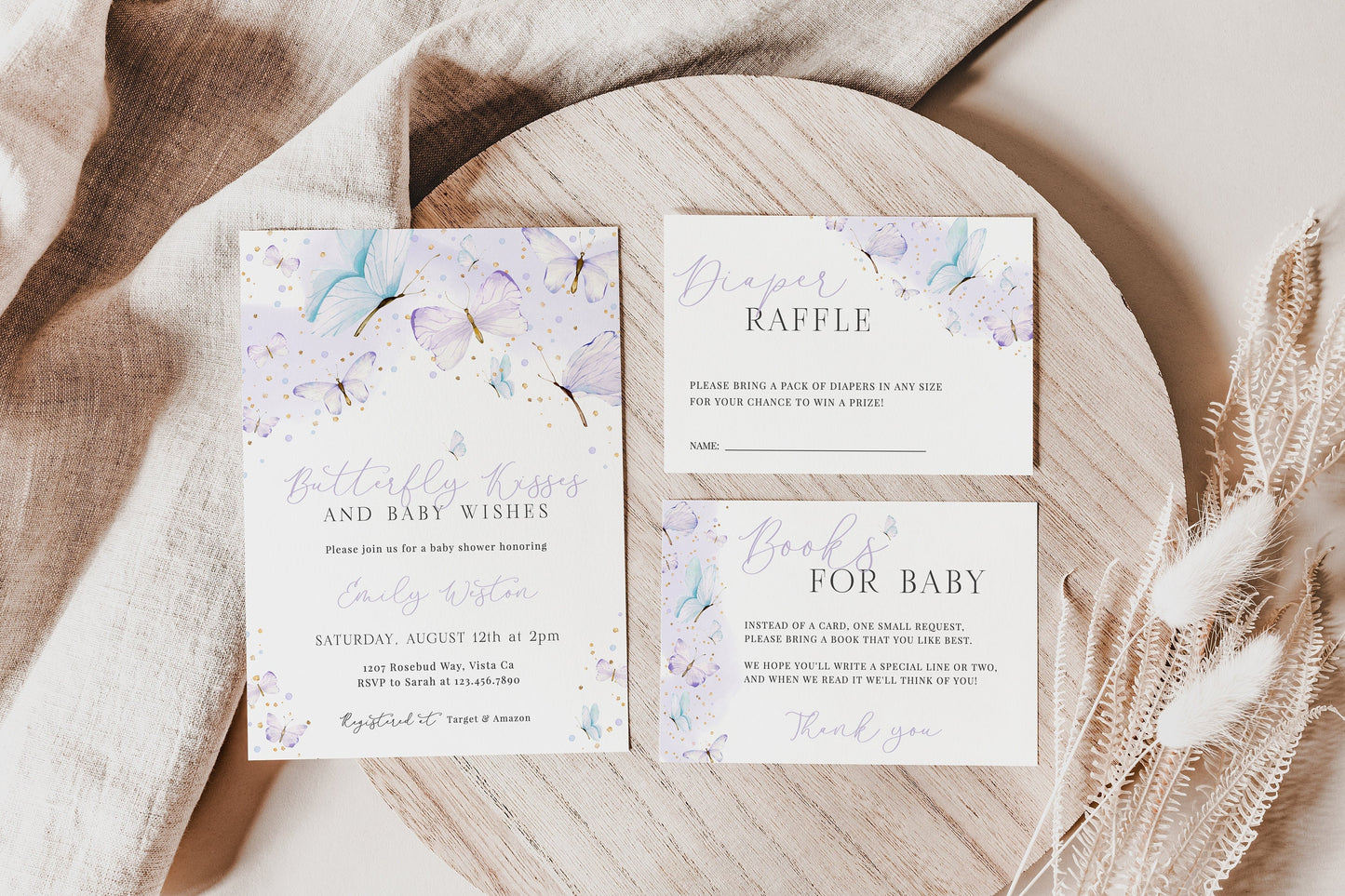 Editable Butterfly Baby Shower Invitation Set Purple Butterfly Baby Shower Invite Girl Butterfly Baby Shower Template