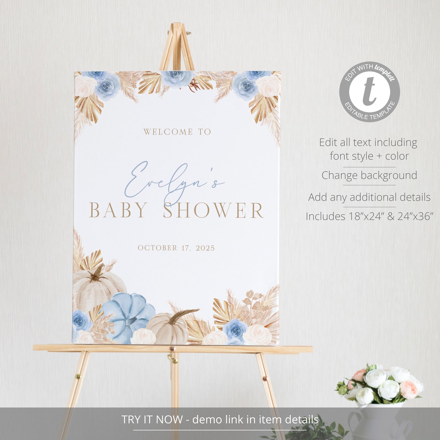Editable Blue Pumpkin Baby Shower Welcome Sign Boho Boy Baby Shower Welcome Poster Blue Boho Pumpkin Template