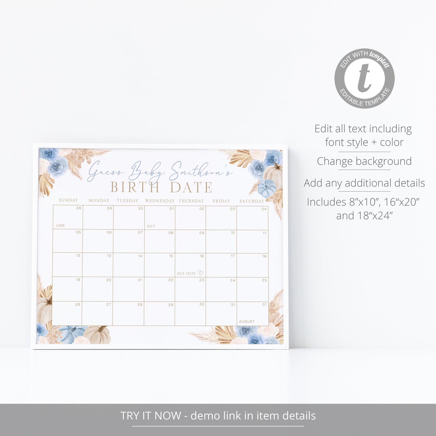 Editable Blue Pumpkin Baby Due Date Calendar Guess the Birthday Sign Boho Baby Shower Guess the Birth Date Template