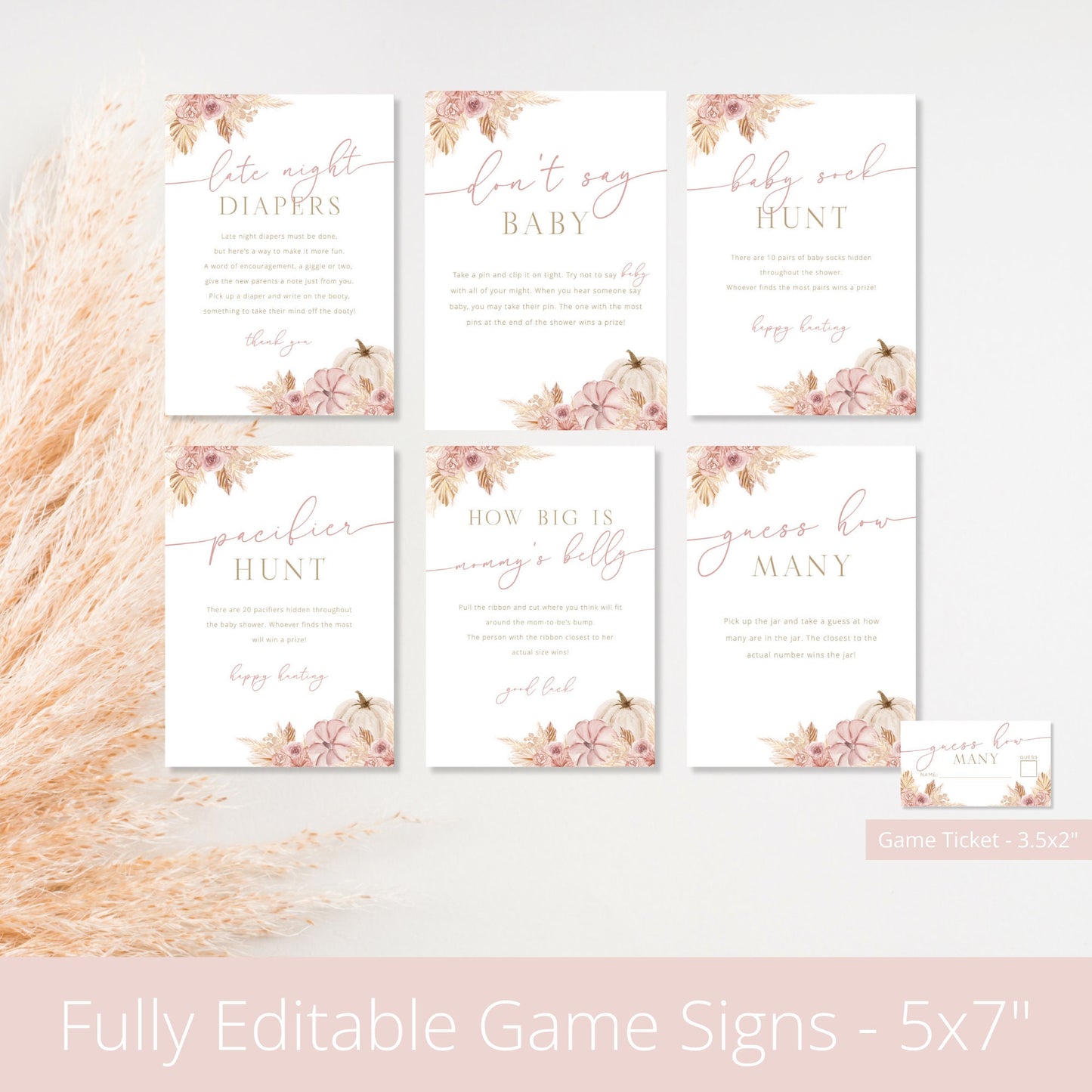 Editable Pumpkin Baby Shower Games Boho Pink Baby Shower Games Bundle Girl Baby Shower Games Pack Template