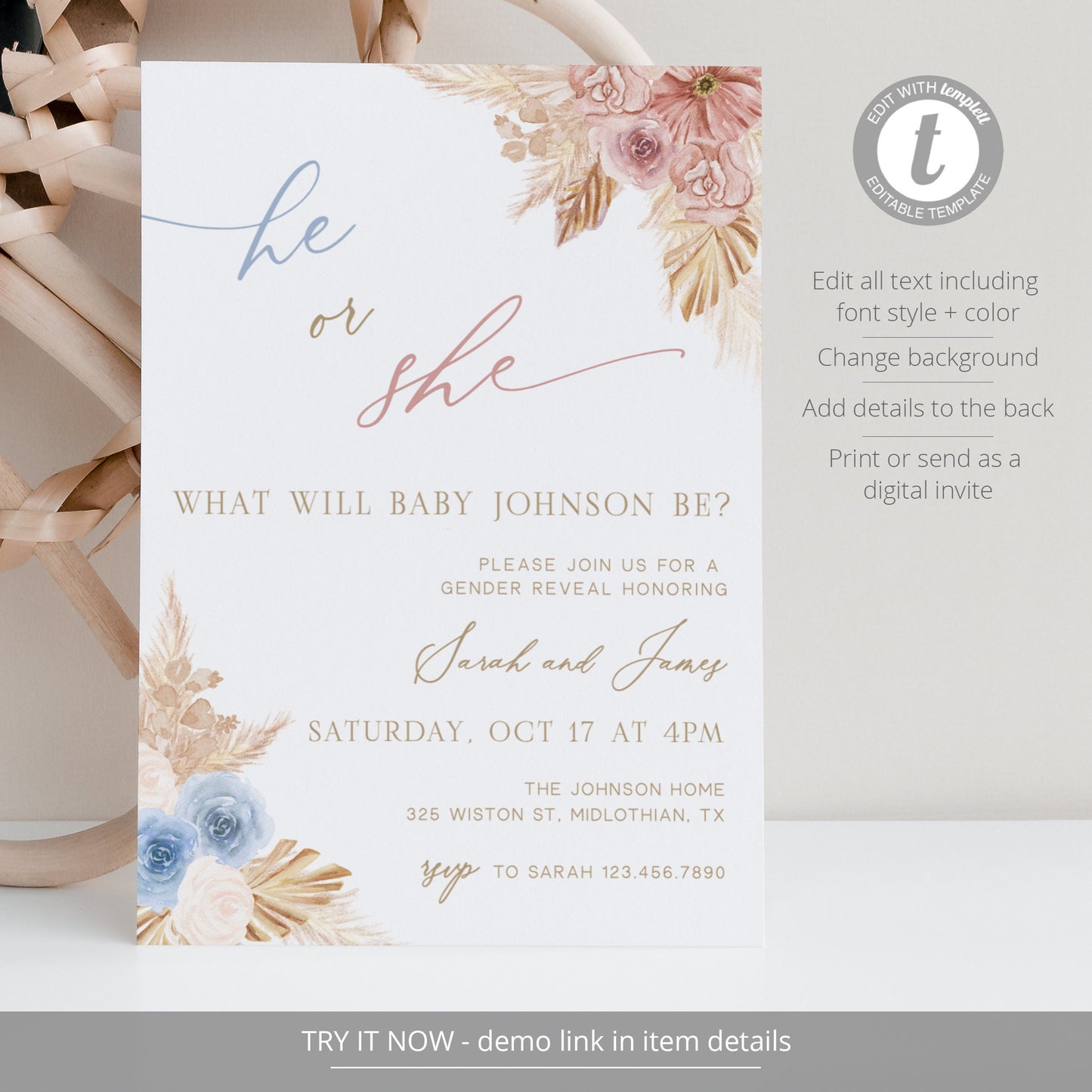 Editable Boho Gender Reveal Invitation He or She Gender Reveal Invite Blue and Pink Pampas Grass Brooks Template