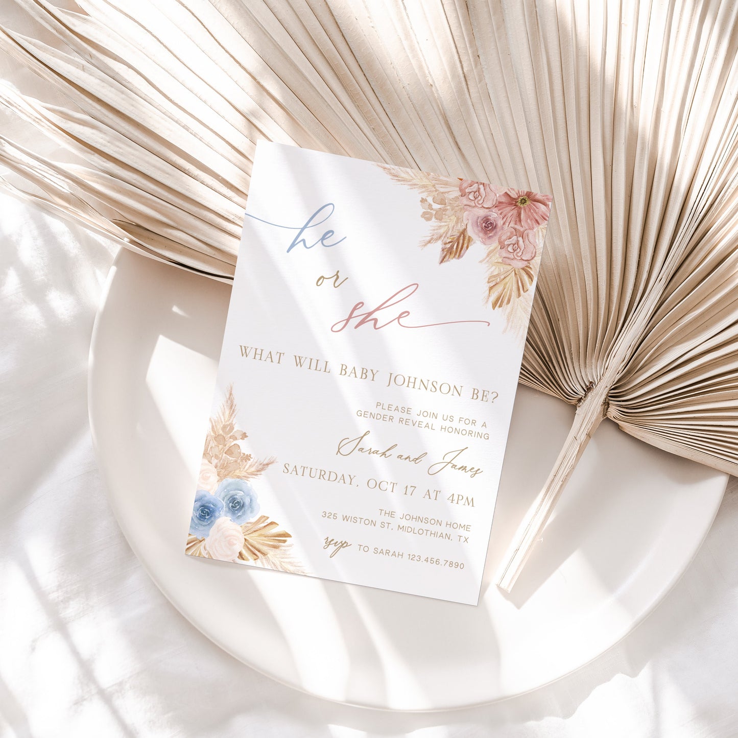 Editable Boho Gender Reveal Invitation He or She Gender Reveal Invite Blue and Pink Pampas Grass Brooks Template