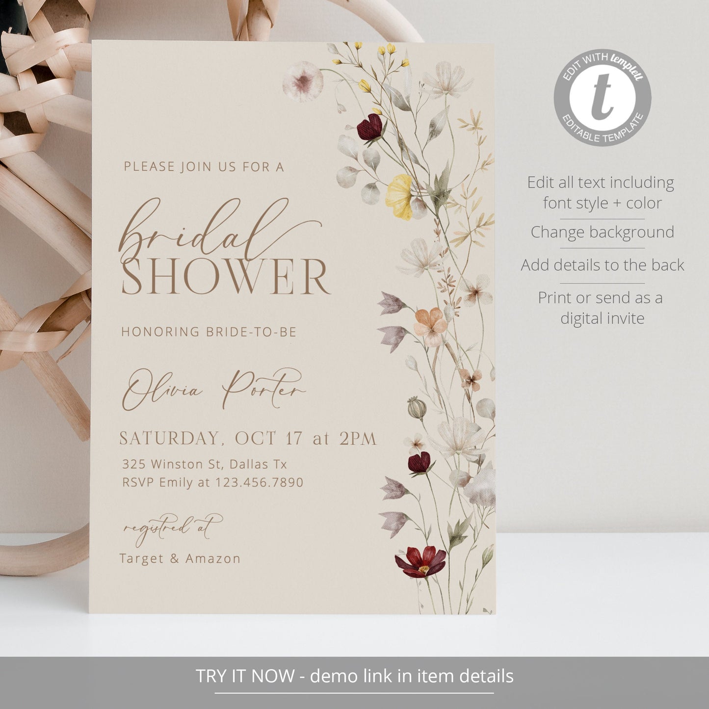 Editable Wildflower Bridal Shower Invitation Bohemian Bridal Shower Invite Boho Bridal Shower Ella Template