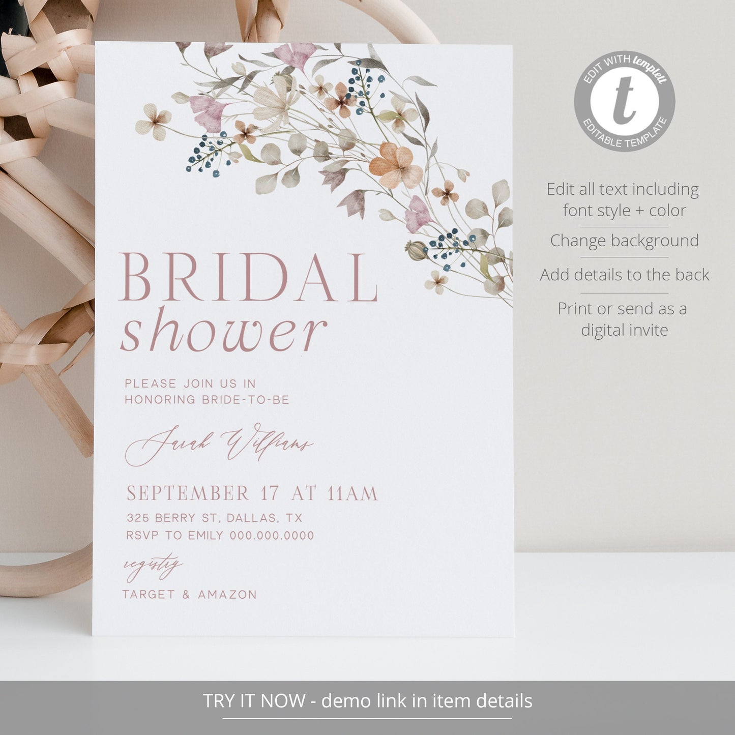 Editable Wildflower Bridal Shower Invitation Pink Floral Bridal Shower Invite Boho Floral Bridal Shower Template