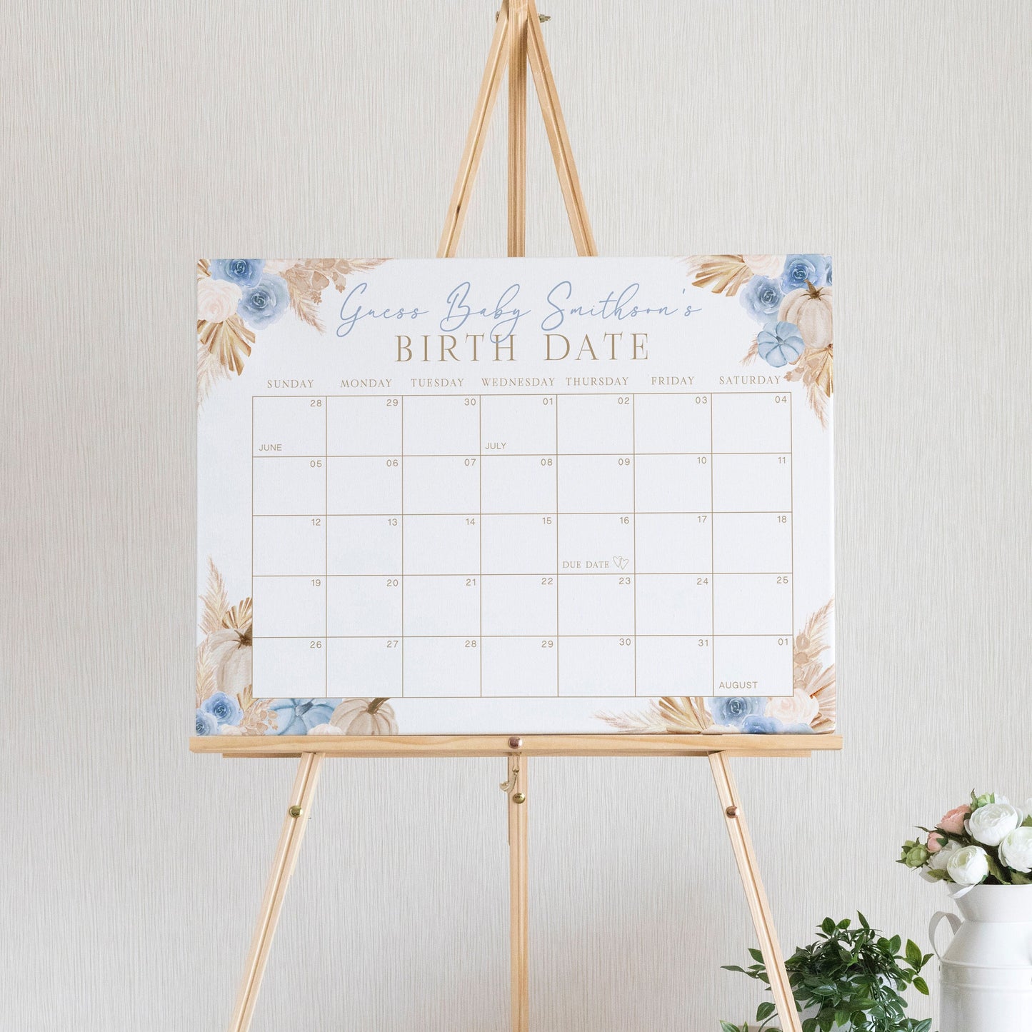 Editable Blue Pumpkin Baby Due Date Calendar Guess the Birthday Sign Boho Baby Shower Guess the Birth Date Template