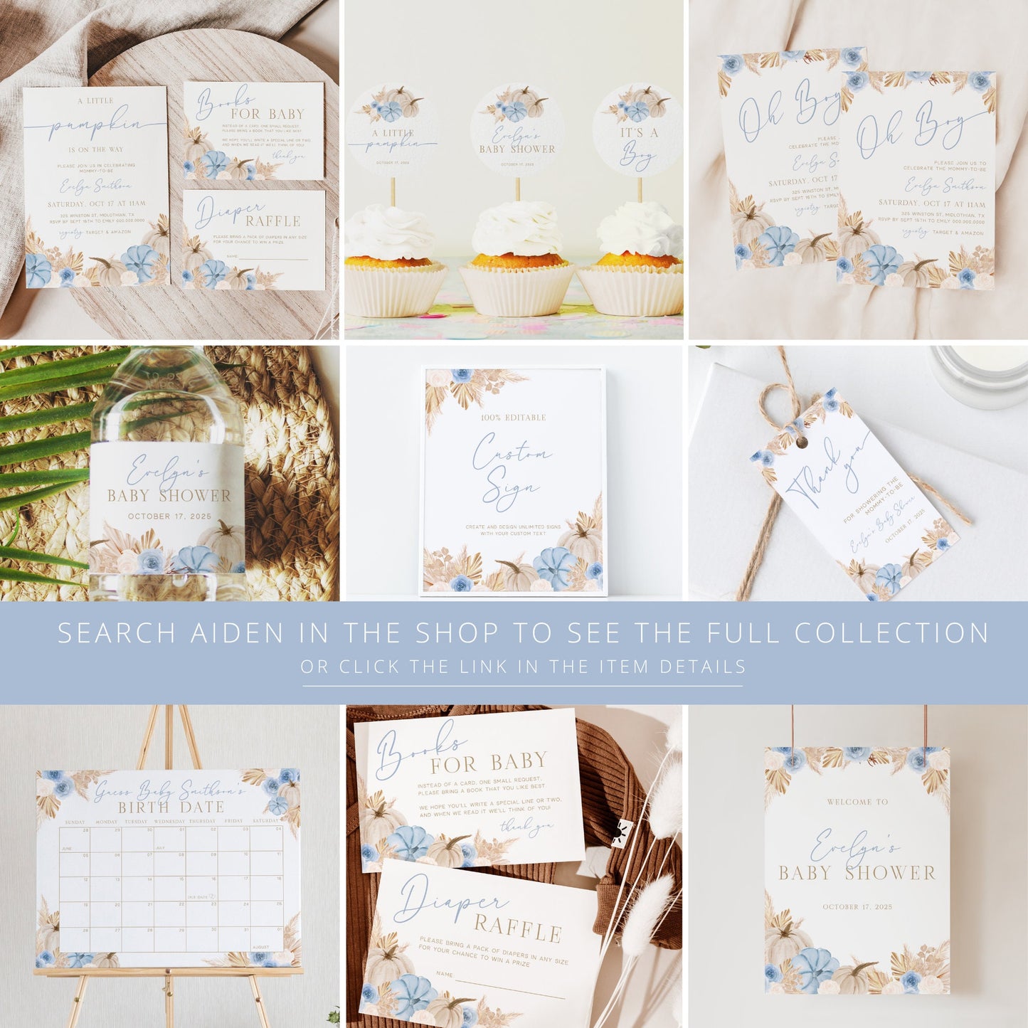 Editable Blue Pumpkin Baby Shower Welcome Sign Boho Boy Baby Shower Welcome Poster Blue Boho Pumpkin Template