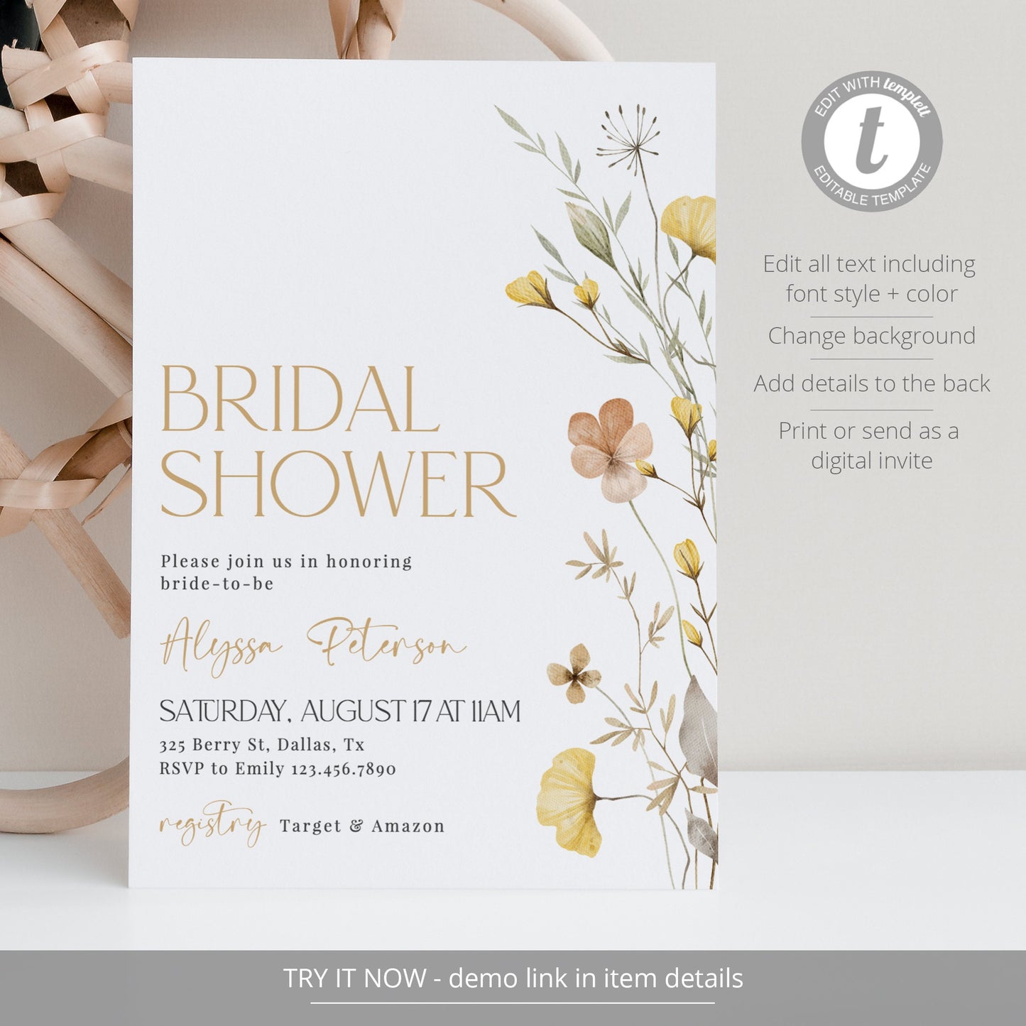 Editable Wildflower Bridal Shower Invitation Wildflower Bridal Shower Invite Boho Floral Bridal Shower Template