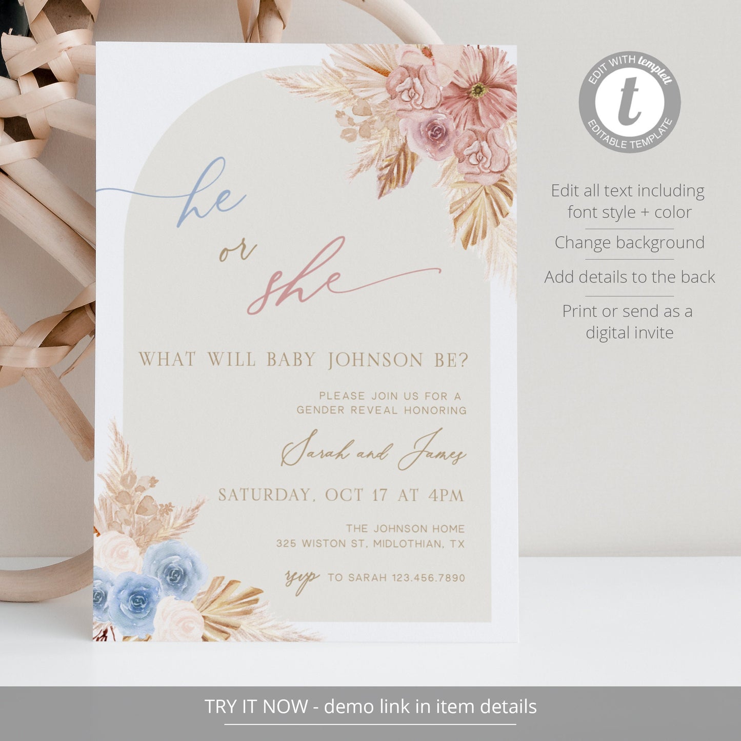 Editable Boho Arch Gender Reveal Invitation He or She Gender Reveal Invite Blue and Pink Pampas Grass Brooks Template