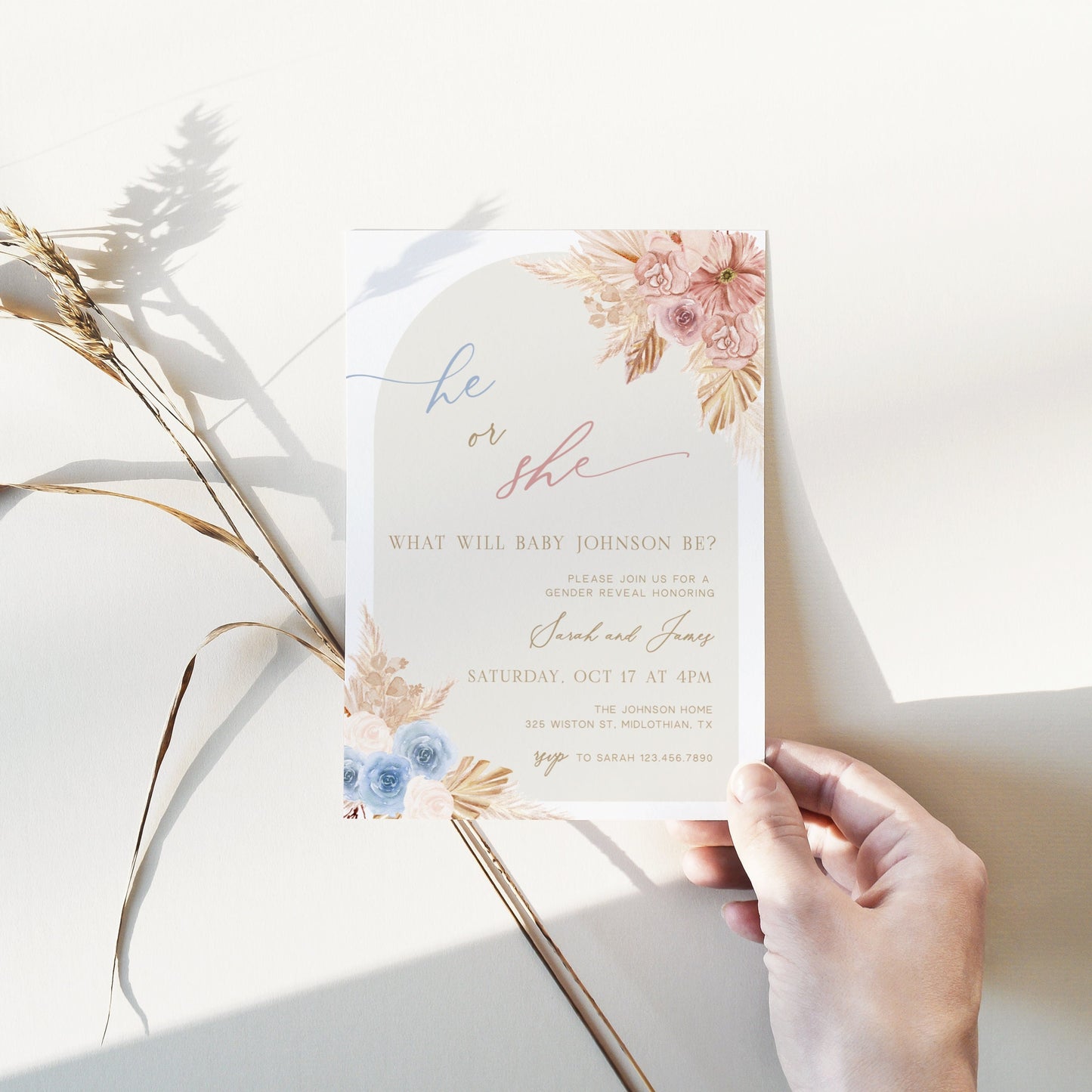 Editable Boho Arch Gender Reveal Invitation He or She Gender Reveal Invite Blue and Pink Pampas Grass Brooks Template
