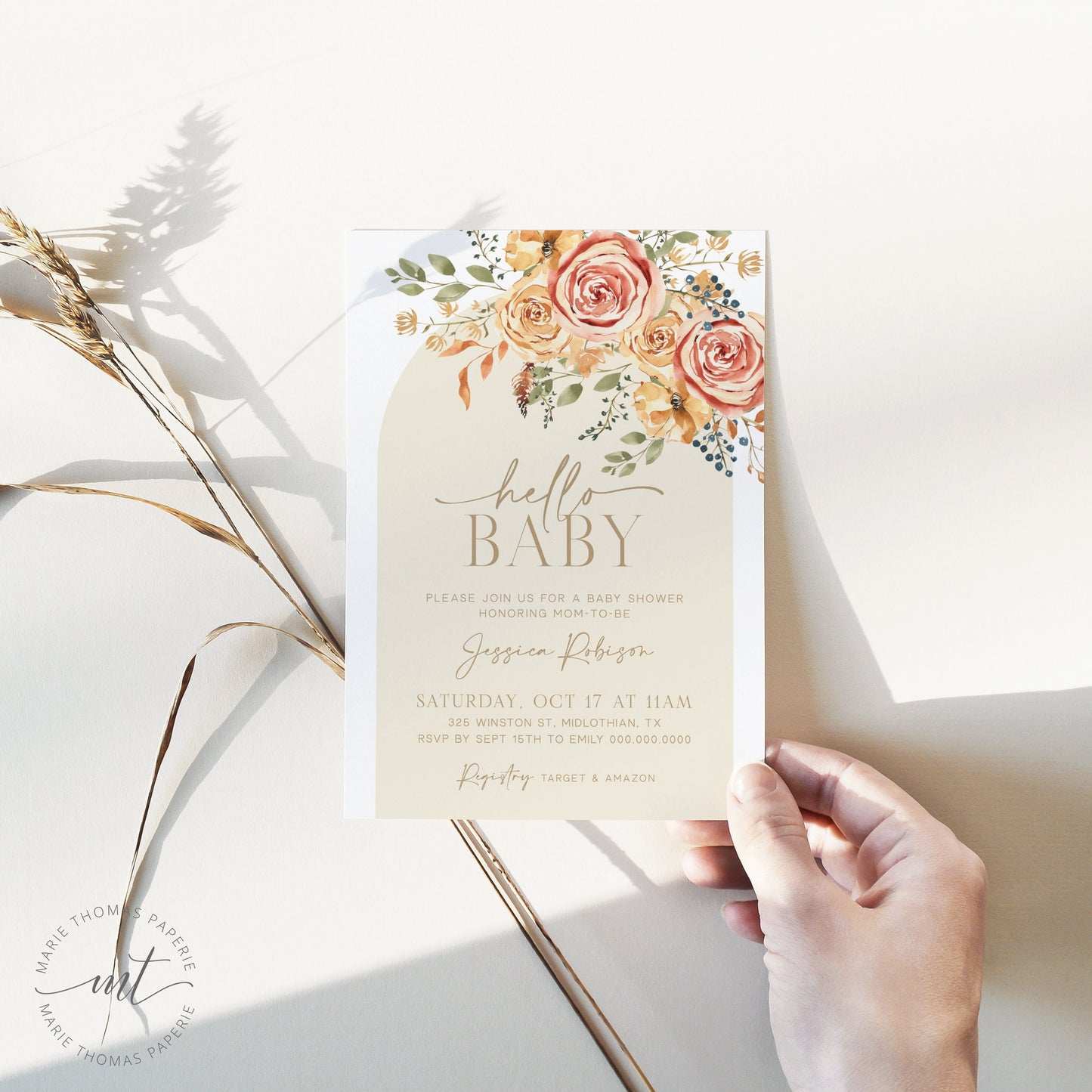 Editable Fall Floral Baby Shower Invitation Boho Arch Baby Shower Invite Gender Neutral Hello Baby Invitation Template