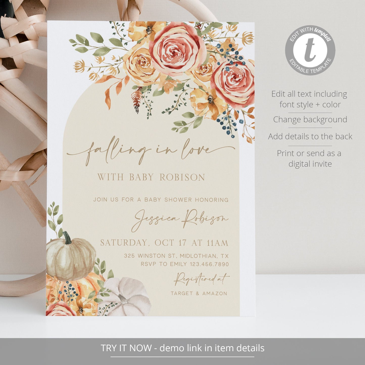 Editable Falling in Love Baby Shower Invitation Boho Pumpkin Baby Shower Fall Floral Baby Shower Invite Template