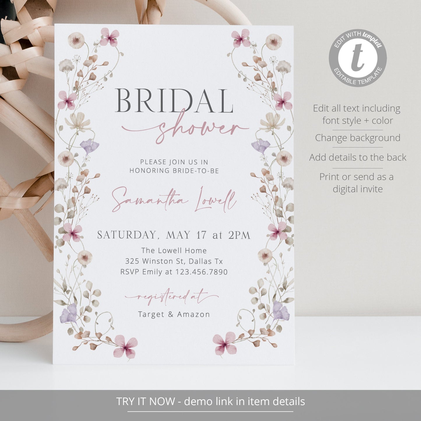 Editable Wildflower Bridal Shower Invitation Modern Floral Bridal Shower Invite Boho Bridal Shower Template
