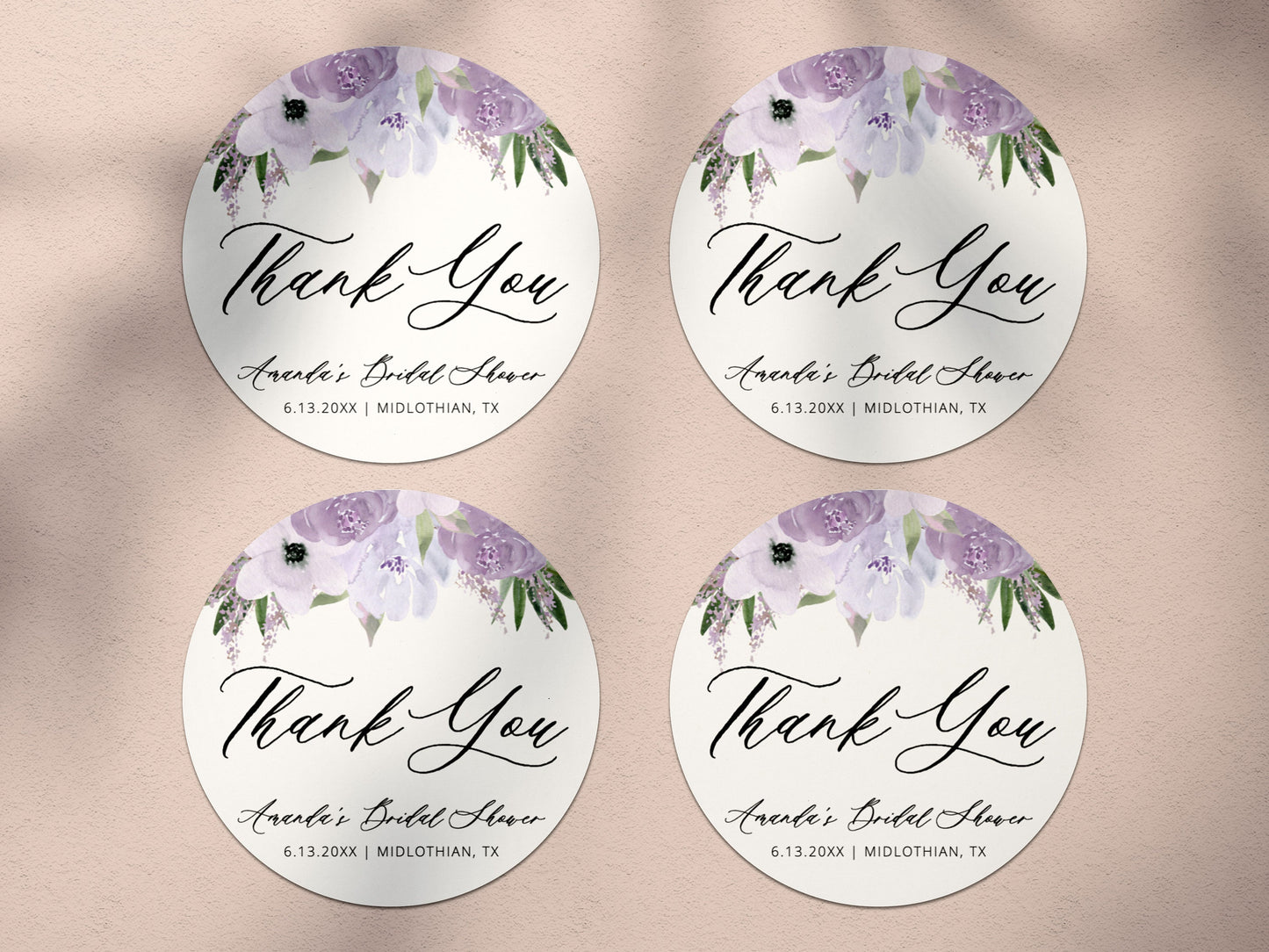 Editable Bridal Shower Favor Sticker Purple Floral Thank You Tags Lavender Bridal Shower Favor Tag Template