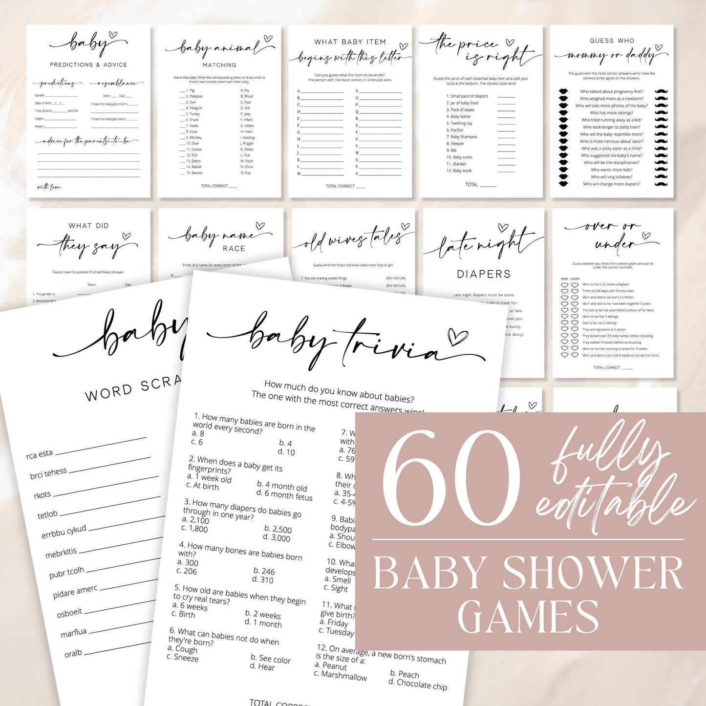 Editable Baby Shower Game Bundle Minimalist Baby Shower Games Modern Baby Shower Games Pack 60 Games Template