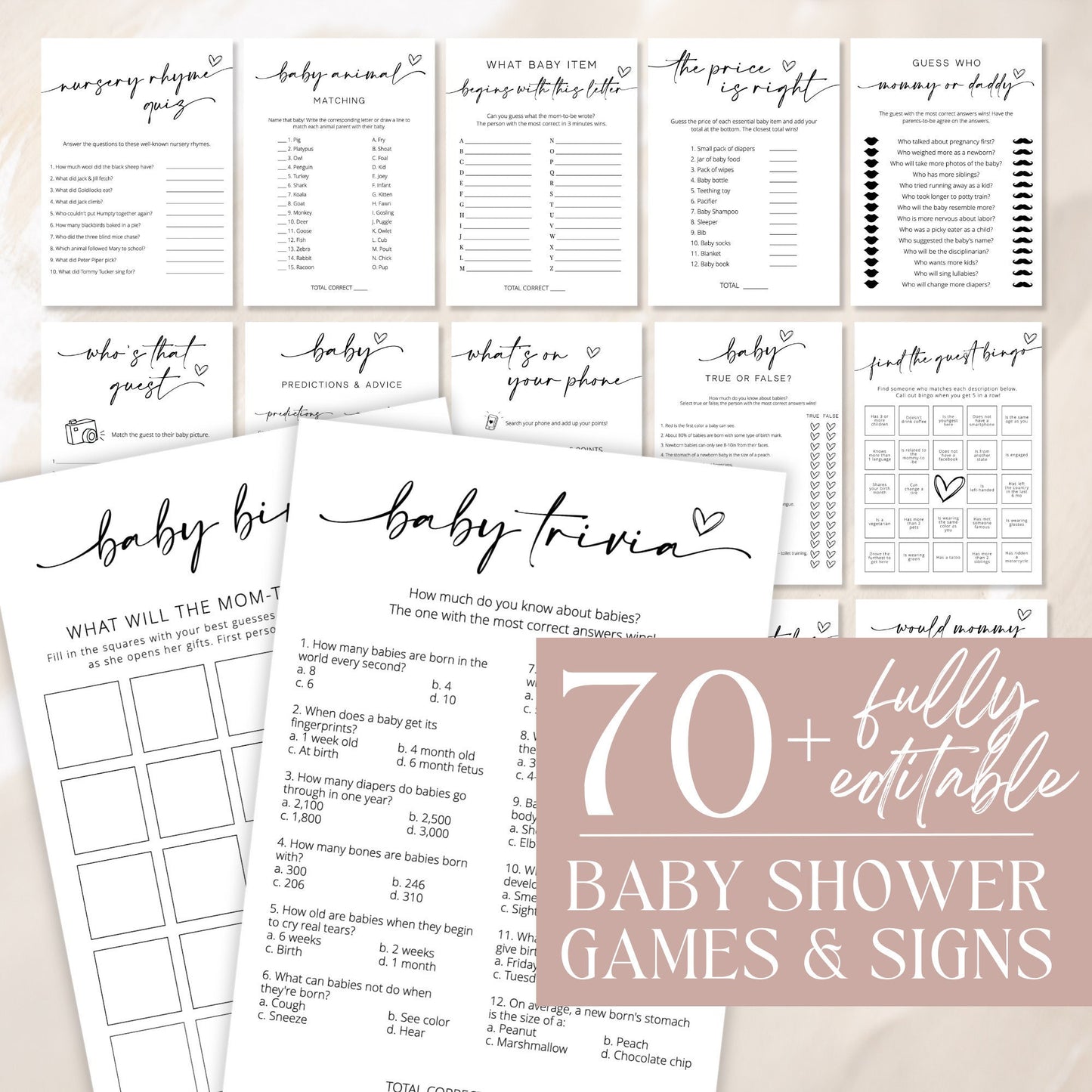 Editable Baby Shower Game Bundle Minimalist Baby Shower Games Modern Baby Shower Games Pack Baby Shower Signs Template