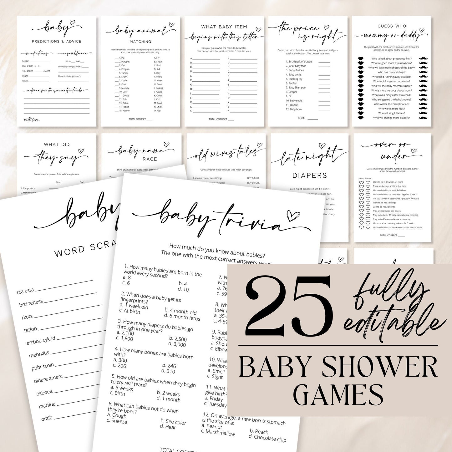 Editable Baby Shower Game Bundle Minimalist Baby Shower Games Modern Baby Shower Games Pack Baby Shower Trivia Template