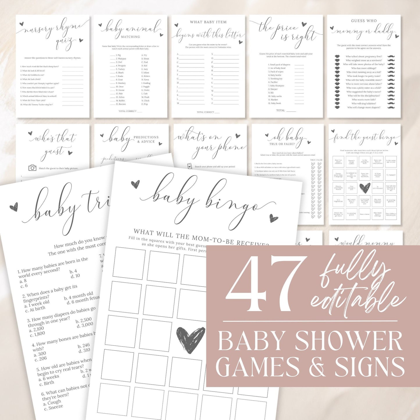 Editable Baby Shower Game Bundle Minimalist Baby Shower Games Modern Baby Shower Games Pack Baby Shower Trivia Template