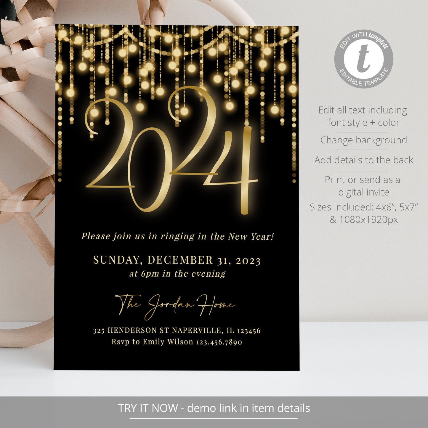 Editable New Year's Eve Party Invitation New Year's Party Invitation Gold NYE Party Invite Template